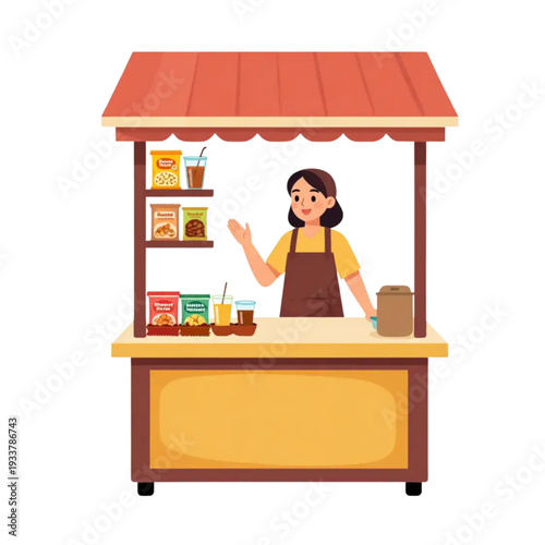 Female street vendor at food booth, cute flat vector illustration