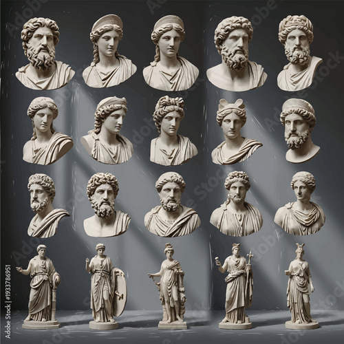 Collection of ancient marble statues of historical figures displayed in a grid on a gray background with dramatic lighting