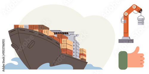 Logistics, transportation, shipping, automation, supply chain, efficiency. Large cargo ship carrying containers on water. Robotic arm holding freight. Logistics and transportation concept