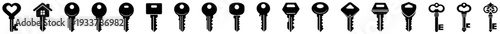 Key icon set. Key, keys, lock, security, access, unlock, password, protection, safety, symbol, outline, collection. Different key shapes for locksmith security access design, vector illustration.