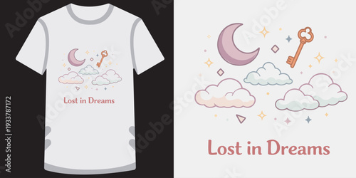 Cute and whimsical tshirt design featuring dreamy clouds moon and key illustration perfect for fantasy lovers and dreamers