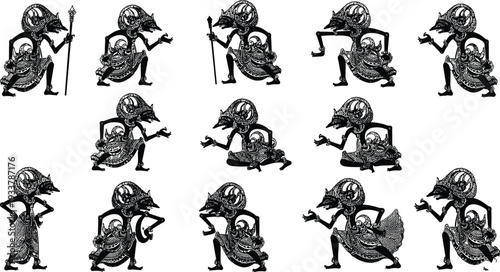 Traditional Javanese Wayang Kulit shadow puppet silhouettes collection featuring intricate leather cutout characters from Indonesian folklore and Ramayana mythology on a white background