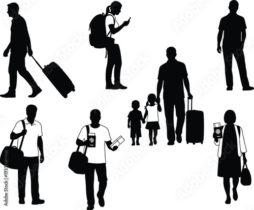Diverse Silhouette Set of Travelers and Tourists with Luggage Backpacks and Passports for Summer Vacation Trip Planning Airport Departure and Global Tourism Concepts
