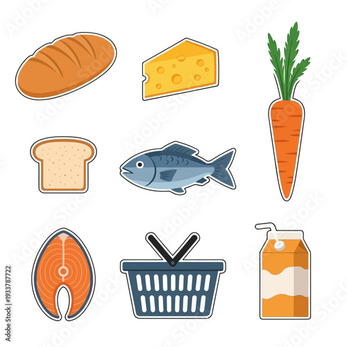 Collection of various food items including bread, cheese, fish, and vegetables in a shopping basket