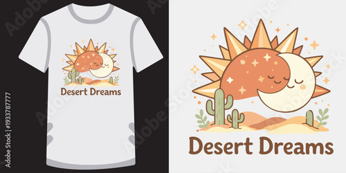 Cute cartoon illustration of a smiling sun and moon cactus character sleeping peacefully in a desert scene design for tshirts and apparel