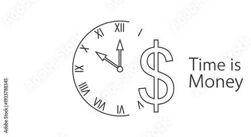 Simple line art graphic illustrates the financial concept that time is money by combining a clock face with a prominent United States dollar sign symbol.