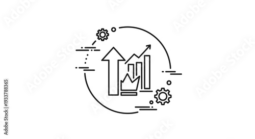 Abstract line art design features an upward trending bar chart encircled by gears and dashed lines, visually representing continuous improvement and robust performance metrics.
