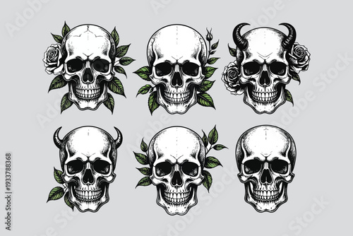 A dark gothic illustration of a human skull with crossed bones symbolizing death danger and horror in a bold black pirate style