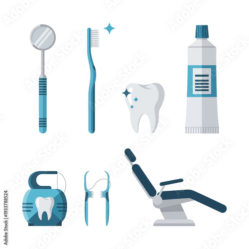 Dental care elements including toothbrush, toothpaste, and dental chair in a clinical setting