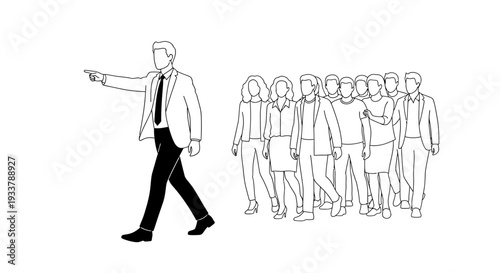 Businessman confidently leads a diverse group of people forward while pointing decisively toward a specific direction representing guidance and team direction.