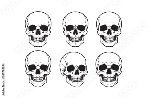 Set of handrawn a  scary black illustration of a human skull with crossbones 