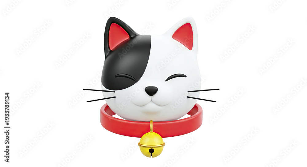Fototapeta premium 3D Rendered Cartoon Cat Head with Red Collar and Bell