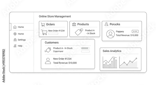 Online store management dashboard displays organized sections for orders, products, customers, and sales analytics interface mockups.
