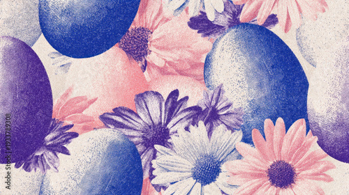 Seamless risograph texture Easter eggs and daisies pattern in pink and blue retro palette