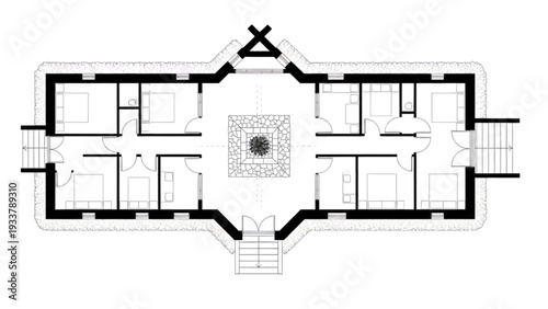 High Quality Black Line Art of Viking Longhouse Floor Plan with Central Fire Pit and Elongated Hall Structure, Top View Architectural Layout Illustration
