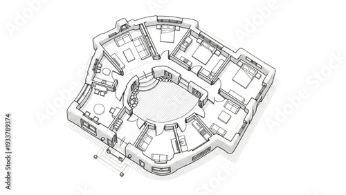 High Quality Black Line Art of Desert Adobe House Layout with Thick Walls and Shaded Courtyard, Traditional Vernacular Architecture Floor Plan, Top View Illustration