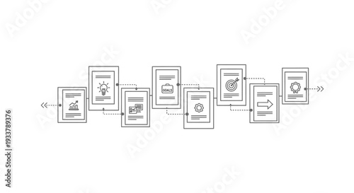 Linear sequence of framed icons represents a methodical project management process from initial concept generation through planning and final objective achievement.