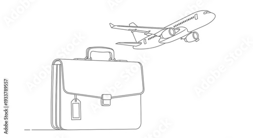 A line drawing depicts a briefcase suggesting business travel alongside a departing airplane ready for an executive journey.