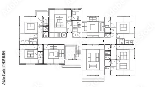 High Quality Black Line Art of Traditional Chinese Siheyuan Courtyard House Floor Plan, Four-Sided Enclosure Design, Top View Architectural Layout Illustration