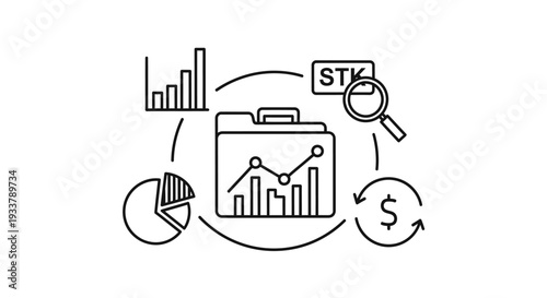 Financial analysis concept centers around a file folder containing line graphs surrounded by charts, magnifying glass, and currency symbols indicating investment review.