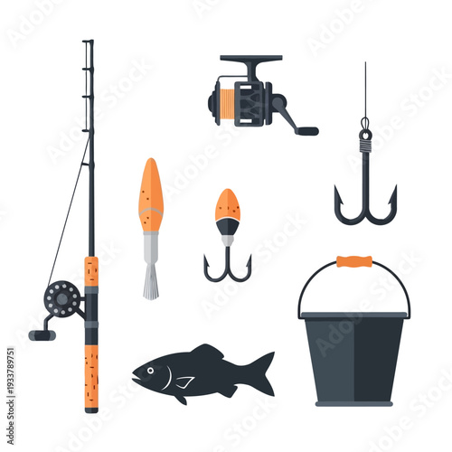 Fishing gear and fish illustration on a white background showcasing various equipment and a caught fish from a straightforward viewpoint.