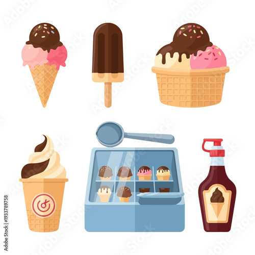 Assorted ice cream illustrations including cones, popsicles, and waffle bowls with various toppings and sauces