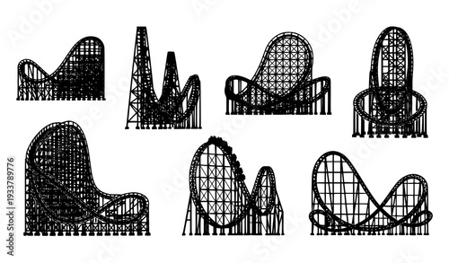 A set of black silhouette roller coaster vector graphics on white background