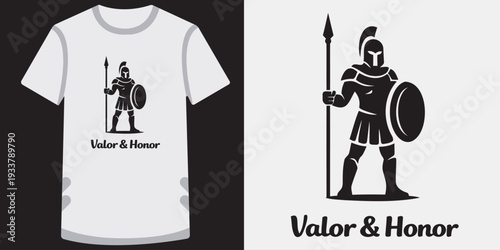 Illustration of an ancient warrior with spear and shield on a stylish tshirt design representing valor and honor