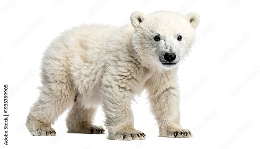 Fototapeta premium An isolated, young polar bear cub walks, posing against a clean white backdrop