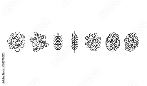 A set of seven minimalist grain icons in a simple black line art style