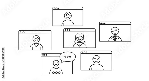 Multiple smiling avatars appear in separate video conferencing windows, depicting a virtual team meeting or online group communication session in progress.