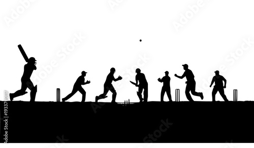 A black silhouette illustration of cricket players in action on a field