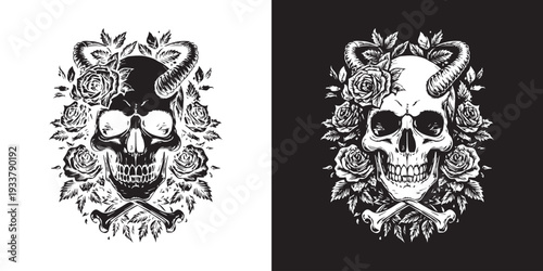 A dark gothic illustration of a skull and crossbones on a black background with a vintage horror style