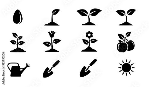 A set of black silhouette icons depicting gardening and plant growth
