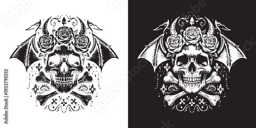 A dark gothic illustration of a skull and crossbones on a black background with a vintage horror style