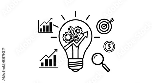 Lightbulb icon containing gears and an upward trending arrow symbolizes innovative business strategy and successful goal achievement for corporate development.