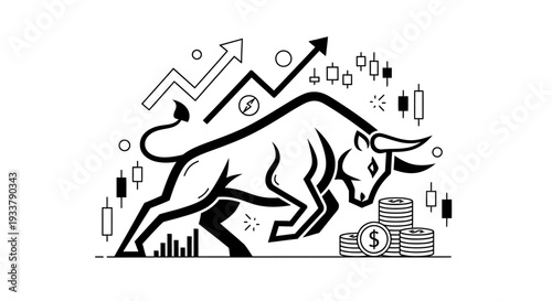 Powerful charging bull figure stands strongly amid rising stock market candlesticks, arrows, and stacks of currency coins symbolizing financial growth.
