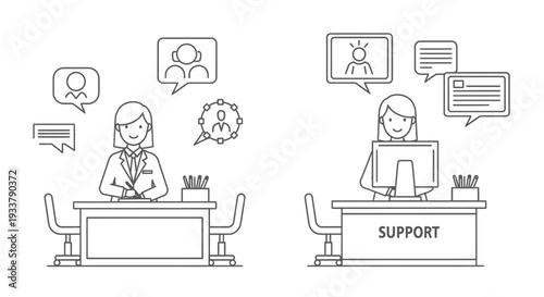 Two female customer service representatives sit at desks processing inquiries and providing helpful technical support communication through various digital chat bubbles.
