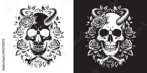 A dark gothic illustration of a skull and crossbones on a black background with a vintage horror style