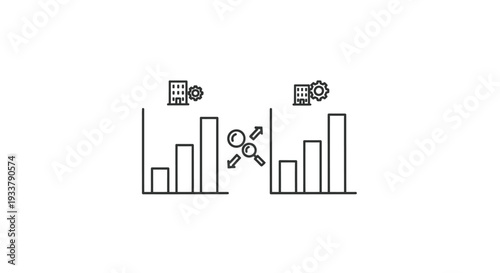 Two separate bar graphs illustrate comparative performance analysis between an organizational structure and a mechanical process using magnifying elements.