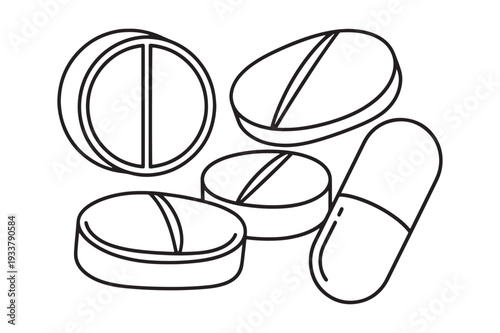 Assortment of Medical Pills and Capsules Line Art