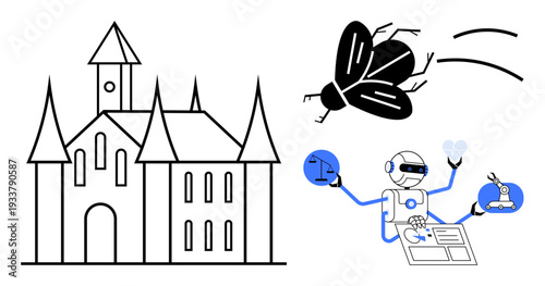 Fantasy storytelling, AI technology, justice system, innovation, robotics, and science fiction. A black-and-white castle, a flying bug and a robot with scales and documents. Fantasy storytelling