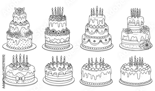 A set of beautifully decorated birthday cakes with candles and frosting