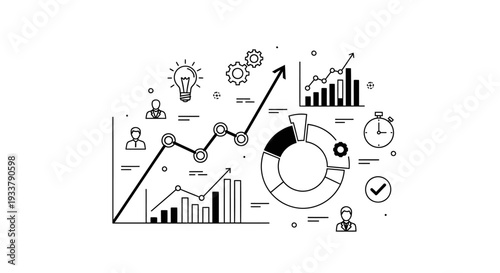 Complex infographic dashboard displays interconnected line graphs, bar charts, and a pie chart representing integrated data analysis and strategic planning metrics.