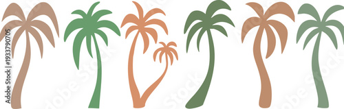 Collection of stylized palm tree icons simple flat vector illustrations in earthy tones for tropical themes isolated on white