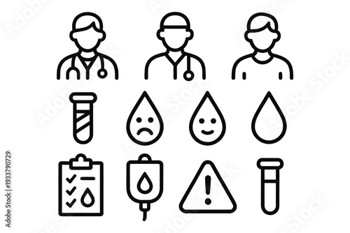 Medical and healthcare vector icons: doctors, blood drop, test tube, checklist, IV bag, warning sign