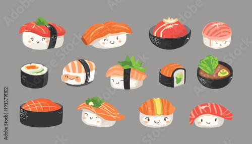 Set of Traditional asian food. Set of cute sushi rolls with rice, salmon, tuna, tiger prawn, caviar, fish, avocado and seaweed.