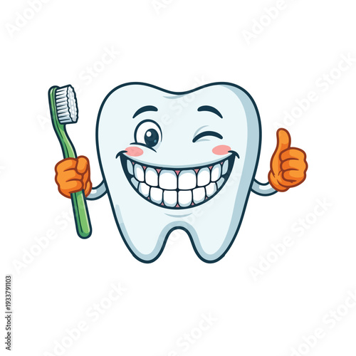 Cartoon tooth character winking with toothbrush and thumbs-up promoting dental hygiene awareness in cheerful design