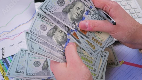 Wallpaper Mural US hundred dollar bills, arranged randomly, slowly rotating. View from above. Torontodigital.ca