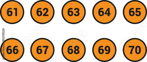 Set of numbered orange circles from 61 to 70 simple graphic elements for counting or ordering isolated on white background